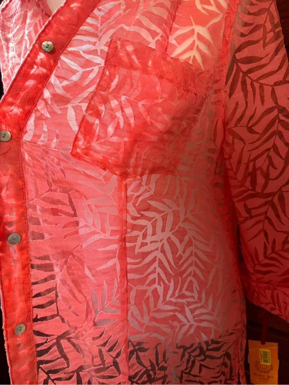 NWT Ruby Rd. Petite Large Coral Burnout Leaf Button Front Tunic Blouse Cover-Up